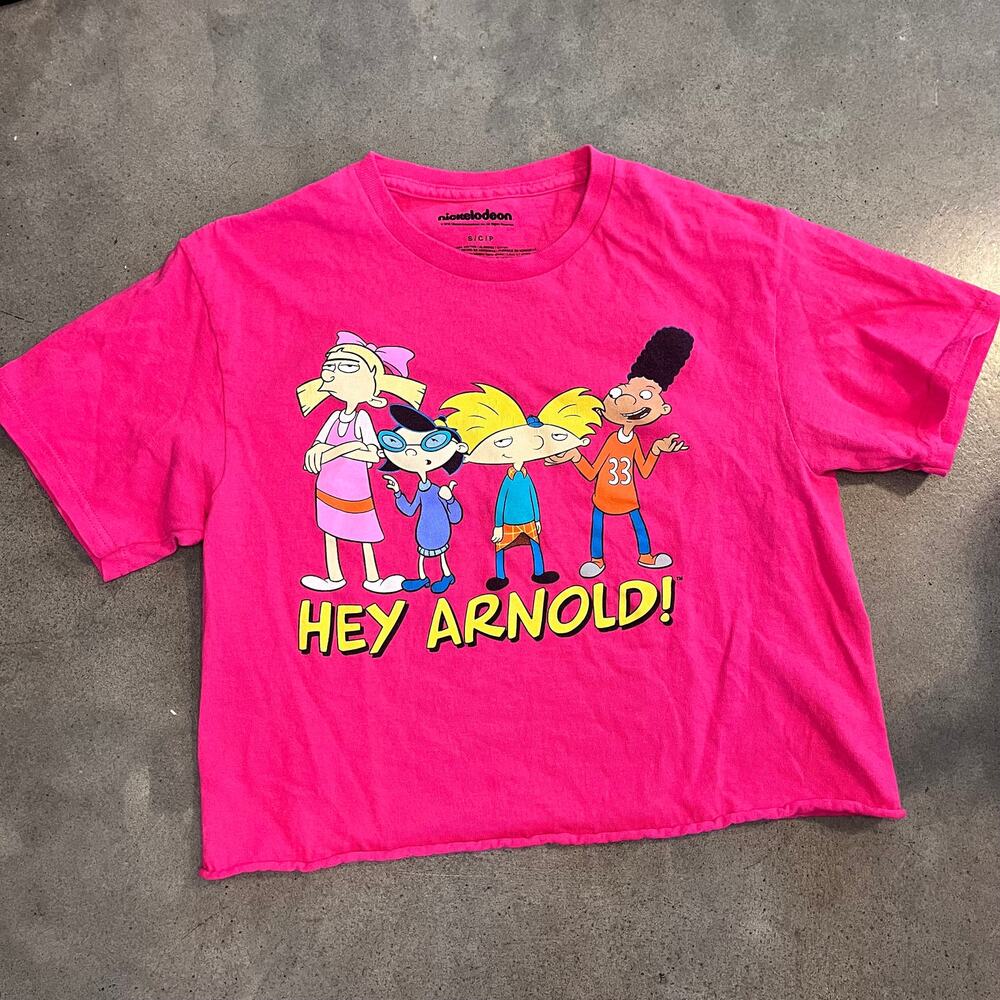 Nickelodeon Hey Arnold magenta pink crop top cotton tee juniors Small 90s